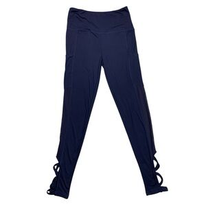 Girls Workout Leggings Full Length Blue Mesh Side Calf Ankle Accent Size Medium